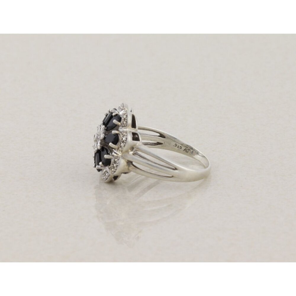 Sterling Silver Blue Cubic Zirconia and Natural Diamond Flower Ring Size 9 1/2 - Picture 6 of 7